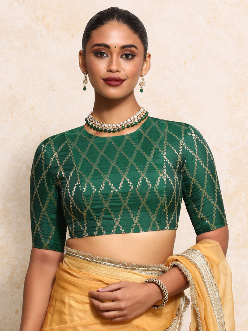 Reena x Tyohaar | Elbow Sleeves Saree Blouse in Emerald Green Vine Mesh Brocade-Binks