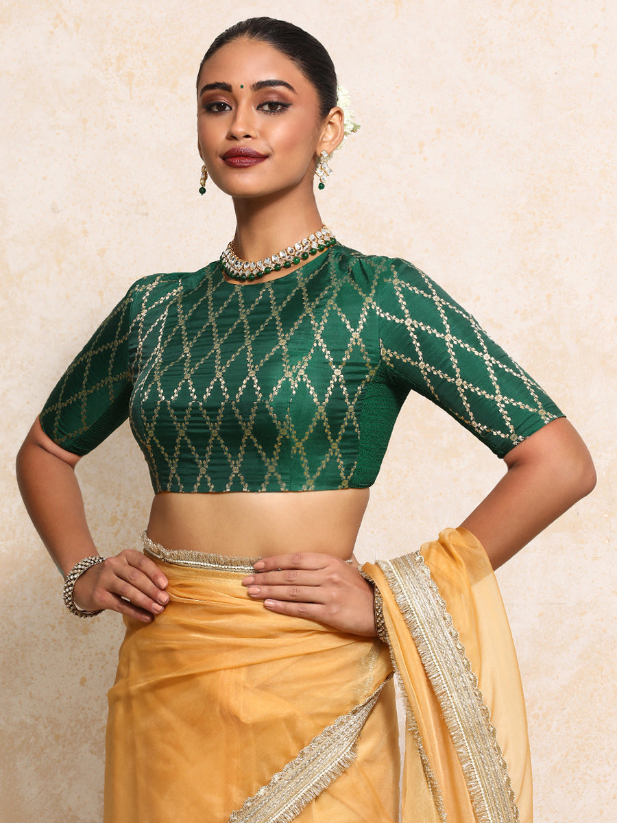 Reena x Tyohaar Saree Blouse, in Green Viscose Silk Brocade, featuring elbow sleeves and jewel neckline (view 6).