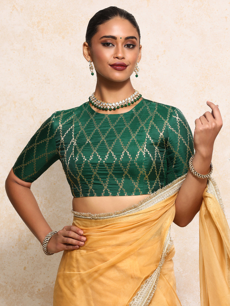 Reena x Tyohaar Saree Blouse, in Green Viscose Silk Brocade, featuring elbow sleeves and jewel neckline (view 7).