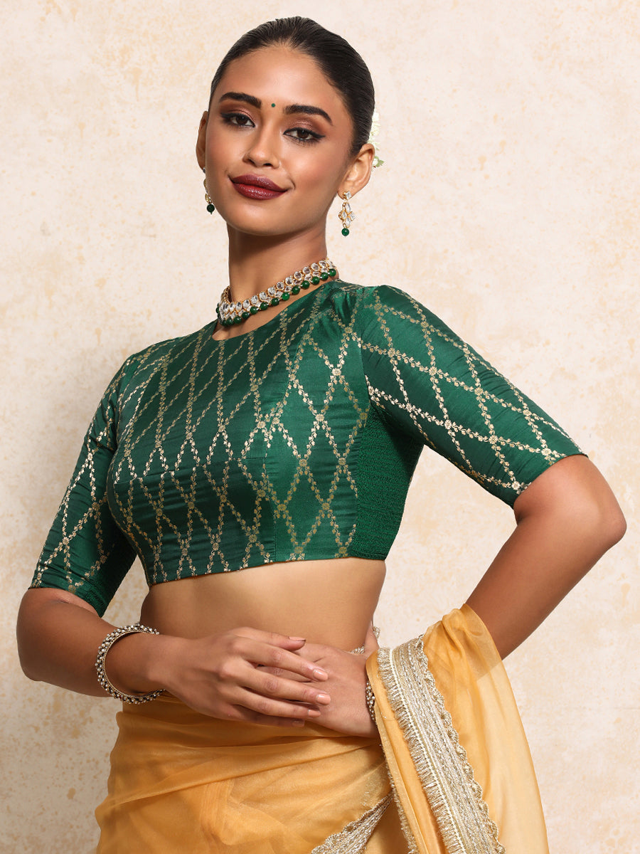 Reena x Tyohaar Saree Blouse, in Green Viscose Silk Brocade, featuring elbow sleeves and jewel neckline (view 8).