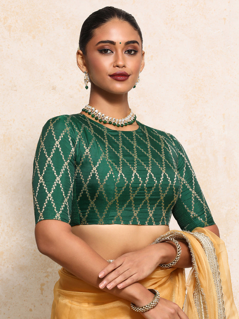 Reena x Tyohaar | Elbow Sleeves Saree Blouse in Emerald Green Vine Mesh Brocade-Binks