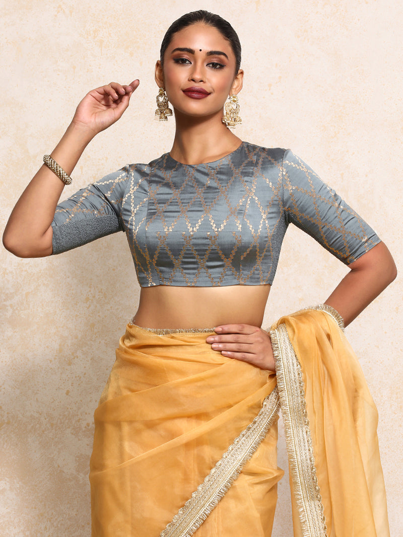 Reena x Tyohaar | Elbow Sleeves Saree Blouse in Gilded Grey Vine Mesh Brocade-Binks