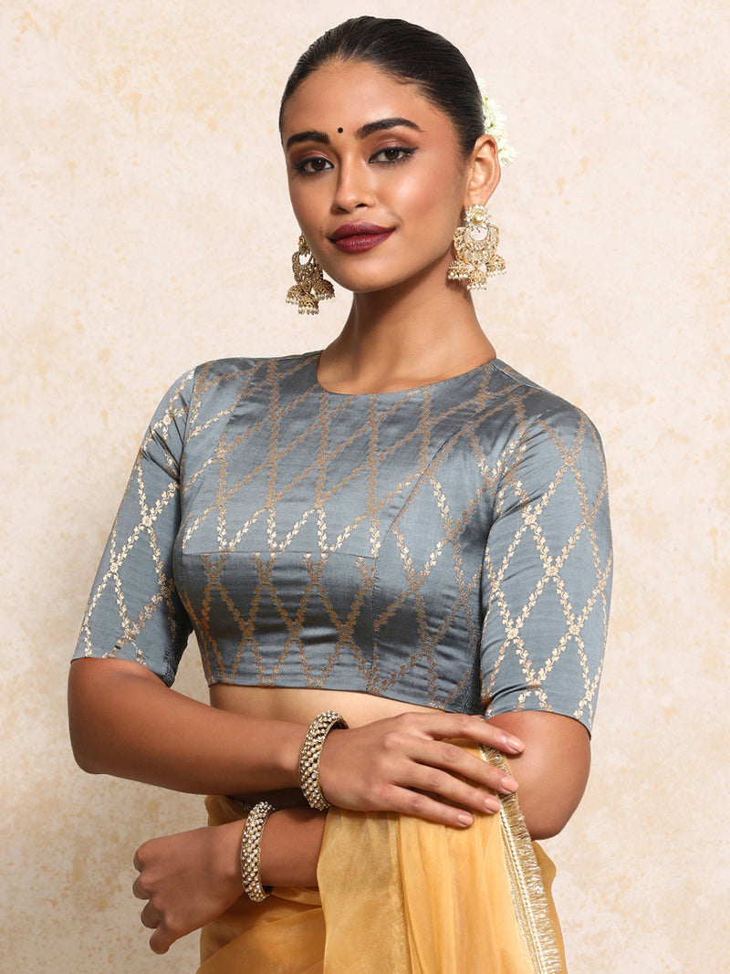 Reena x Tyohaar | Elbow Sleeves Saree Blouse in Gilded Grey Vine Mesh Brocade-Binks