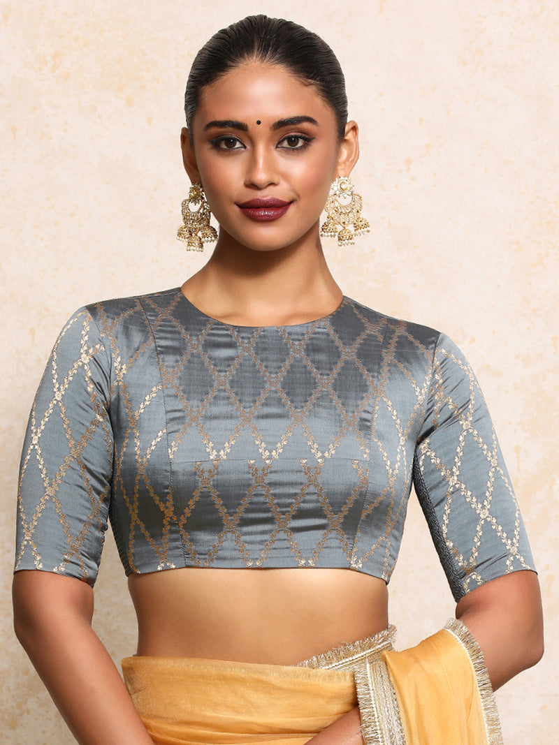Reena x Tyohaar | Elbow Sleeves Saree Blouse in Gilded Grey Vine Mesh Brocade-Binks