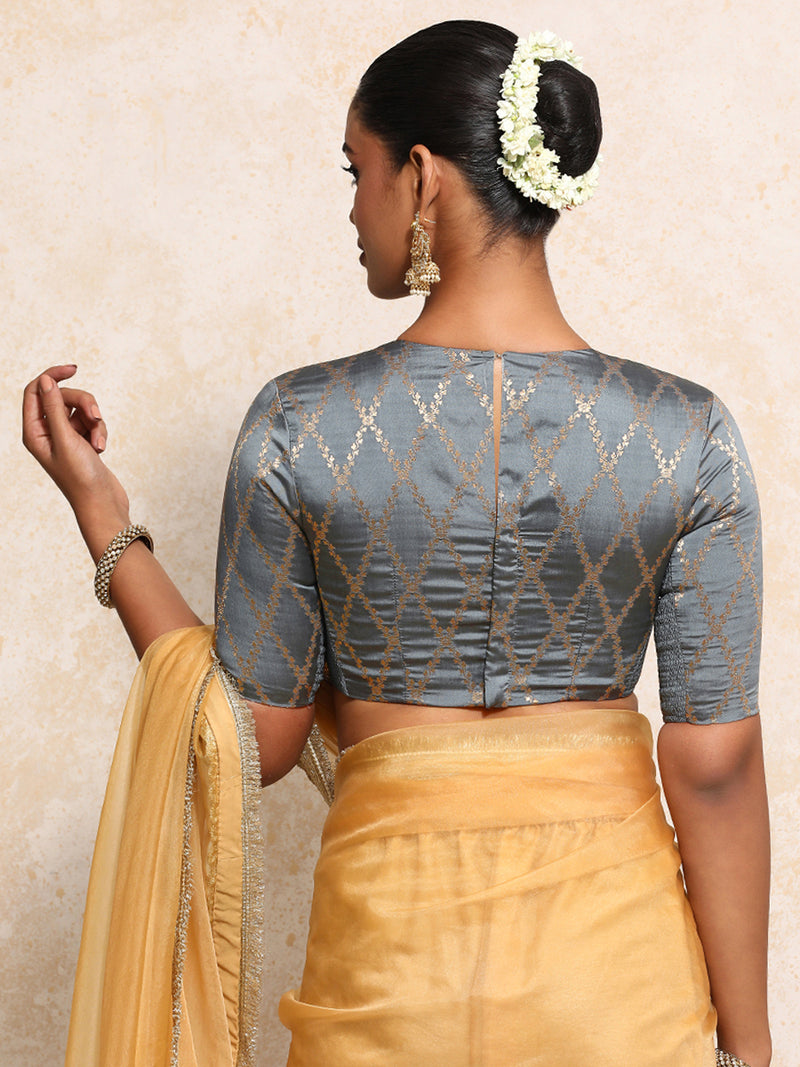 Reena x Tyohaar | Elbow Sleeves Saree Blouse in Gilded Grey Vine Mesh Brocade-Binks