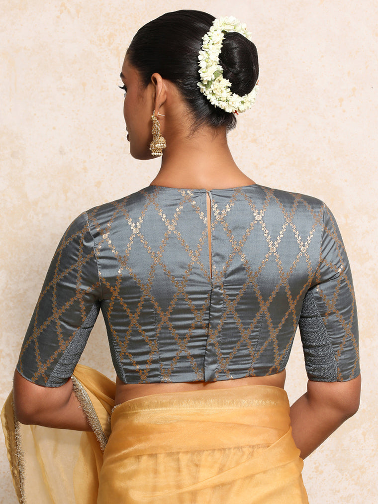 Reena x Tyohaar Saree Blouse, in Grey Viscose Silk Brocade, featuring elbow sleeves and jewel neckline (view 2).