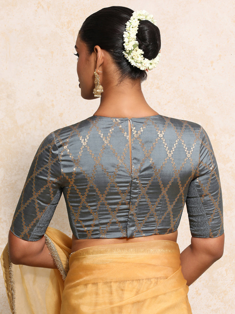 Reena x Tyohaar | Elbow Sleeves Saree Blouse in Gilded Grey Vine Mesh Brocade-Binks