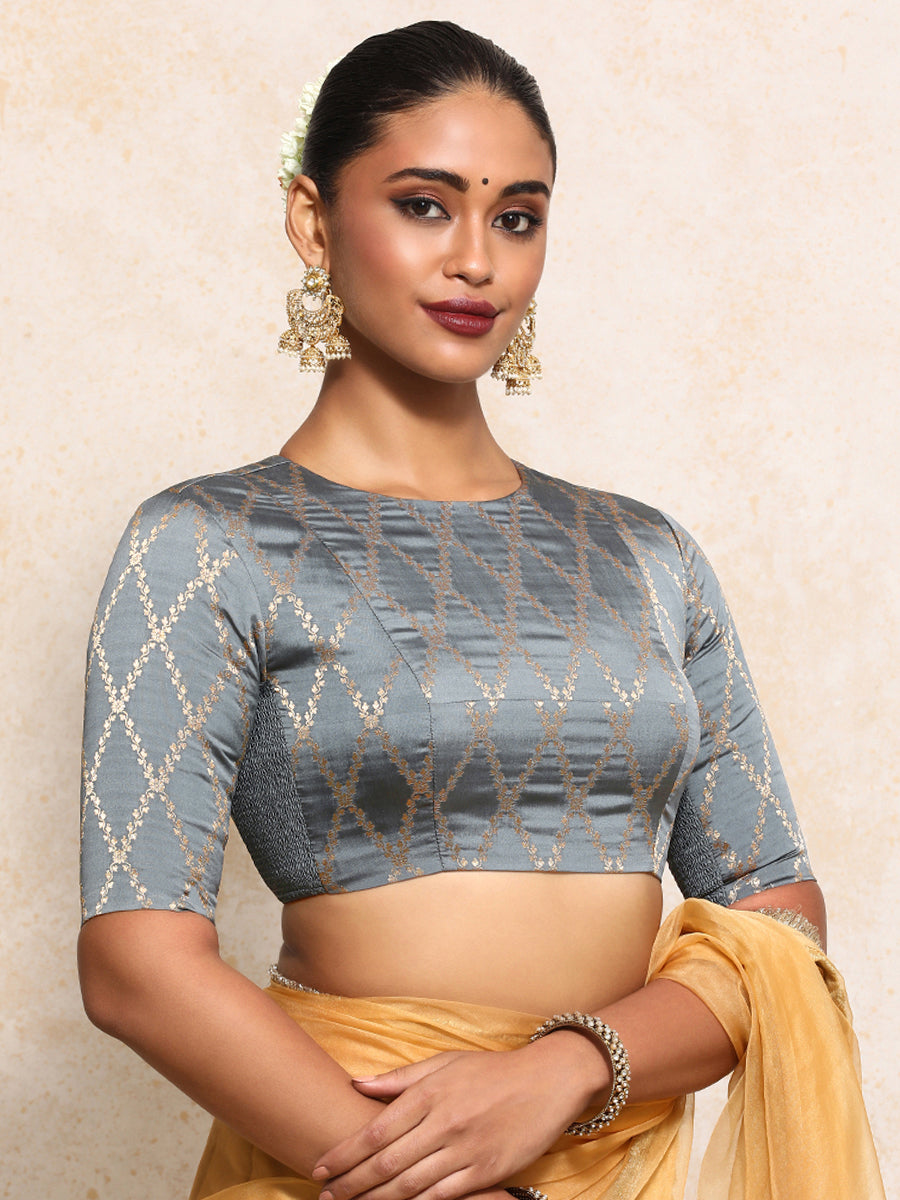 Reena x Tyohaar Saree Blouse, in Grey Viscose Silk Brocade, featuring elbow sleeves and jewel neckline (view 8).