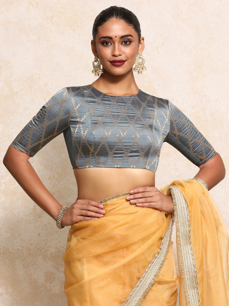 Reena x Tyohaar | Elbow Sleeves Saree Blouse in Gilded Grey Vine Mesh Brocade-Binks