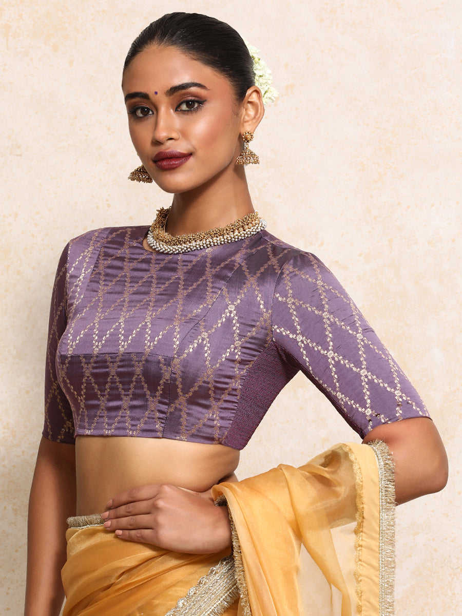 Reena x Tyohaar | Elbow Sleeves Saree Blouse in Moonlit Lavender Vine Mesh Brocade