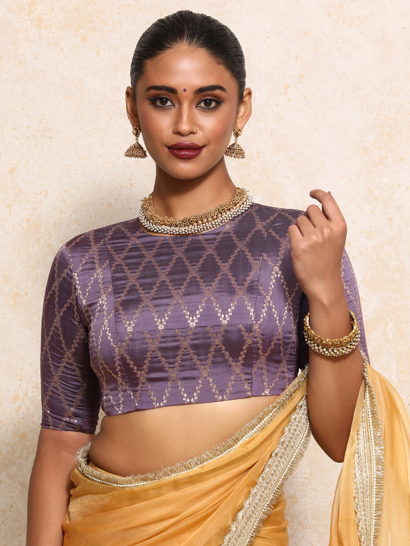 Reena x Tyohaar | Elbow Sleeves Saree Blouse in Moonlit Lavender Vine Mesh Brocade-Binks