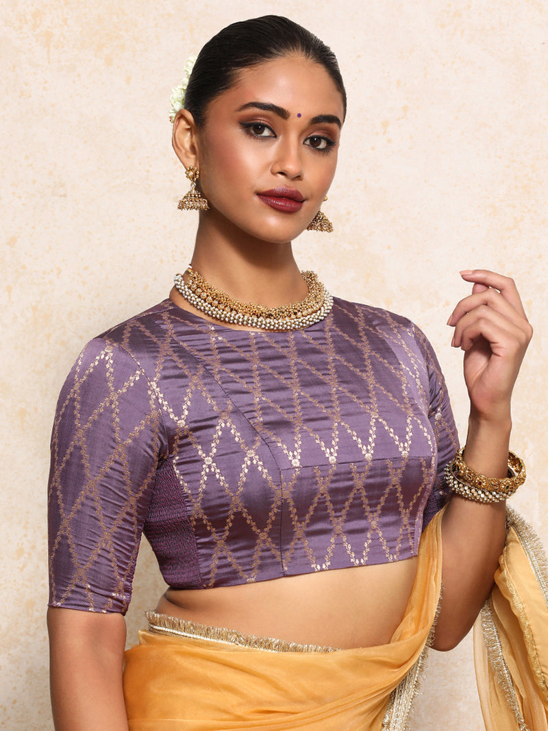 Reena x Tyohaar | Elbow Sleeves Saree Blouse in Moonlit Lavender Vine Mesh Brocade-Binks