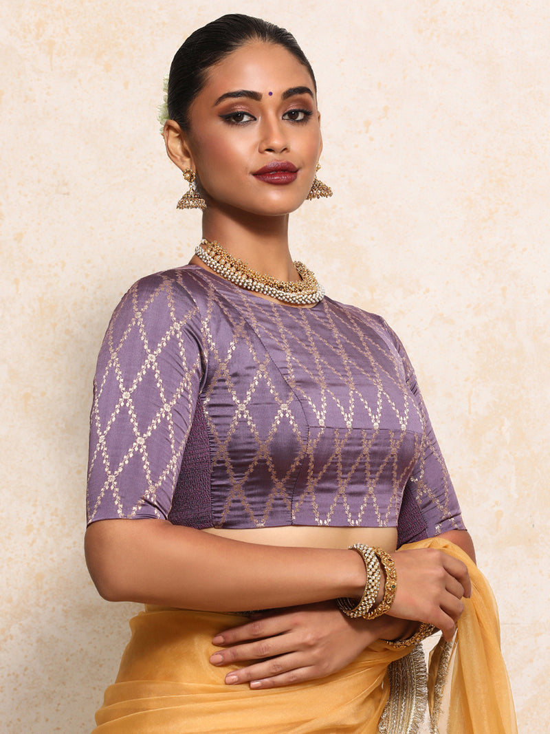 Reena x Tyohaar | Elbow Sleeves Saree Blouse in Moonlit Lavender Vine Mesh Brocade-Binks