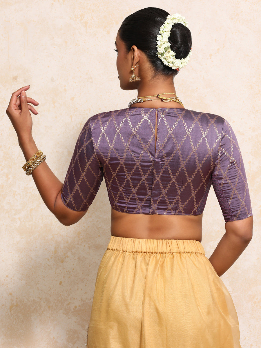Reena x Tyohaar Saree Blouse, in Purple Viscose Silk Brocade, featuring elbow sleeves and jewel neckline (view 2).