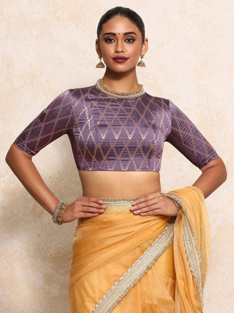 Reena x Tyohaar Saree Blouse, in Purple Viscose Silk Brocade, featuring elbow sleeves and jewel neckline (view 6).