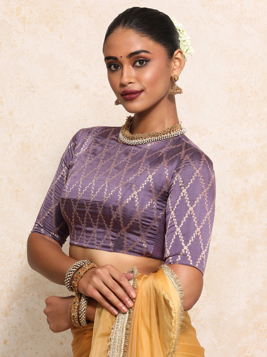 Reena x Tyohaar Saree Blouse, in Purple Viscose Silk Brocade, featuring elbow sleeves and jewel neckline (view 7).