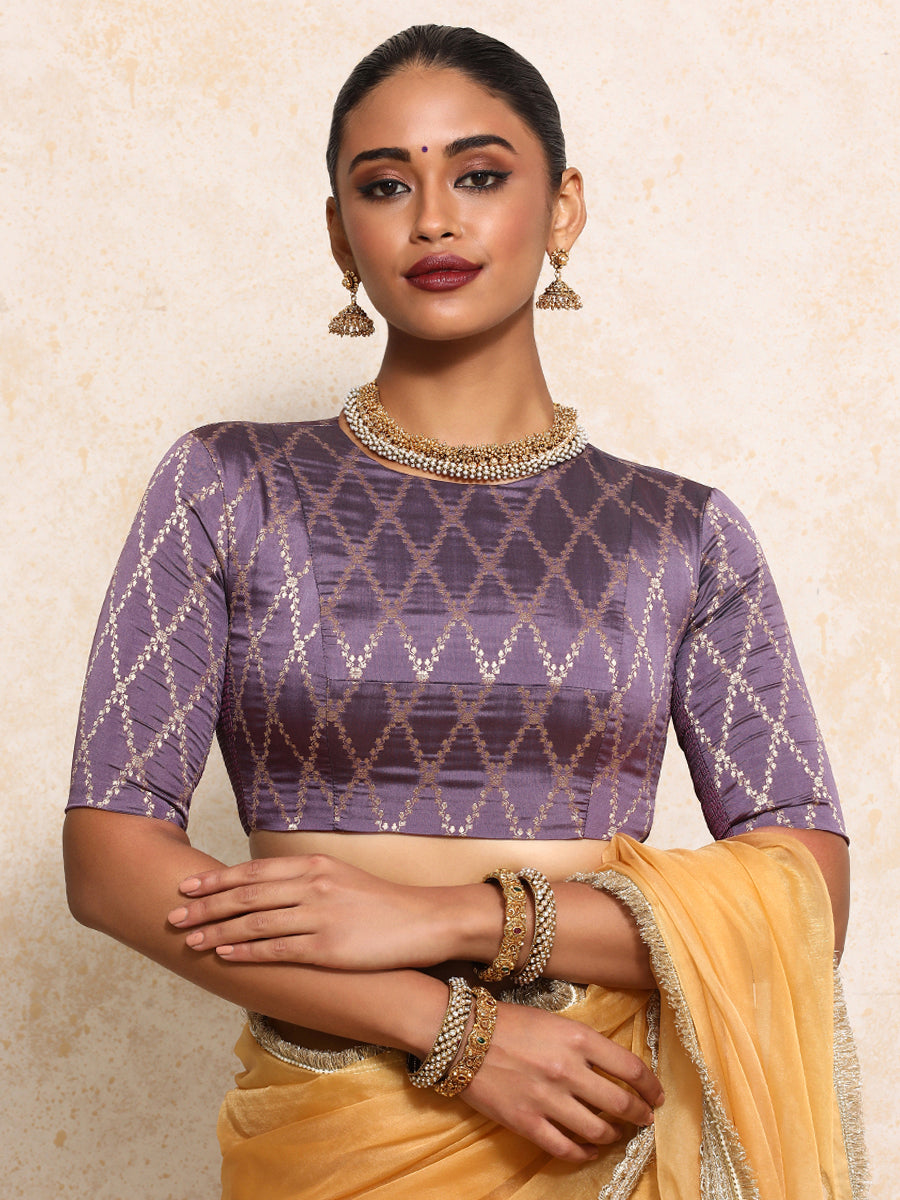 Reena x Tyohaar Saree Blouse, in Purple Viscose Silk Brocade, featuring elbow sleeves and jewel neckline (view 8).