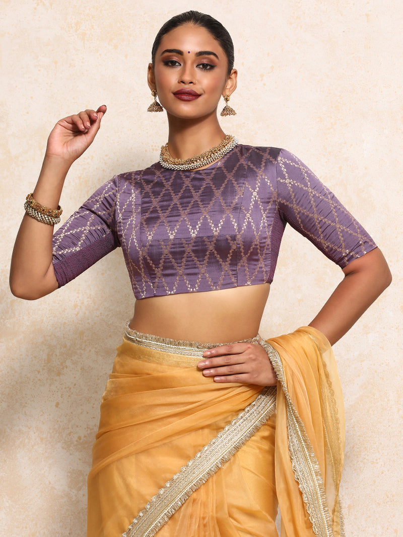 Reena x Tyohaar | Elbow Sleeves Saree Blouse in Moonlit Lavender Vine Mesh Brocade-Binks