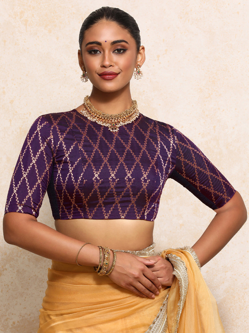 Reena x Tyohaar | Elbow Sleeves Saree Blouse in Orchid Plum Vine Mesh Brocade-Binks