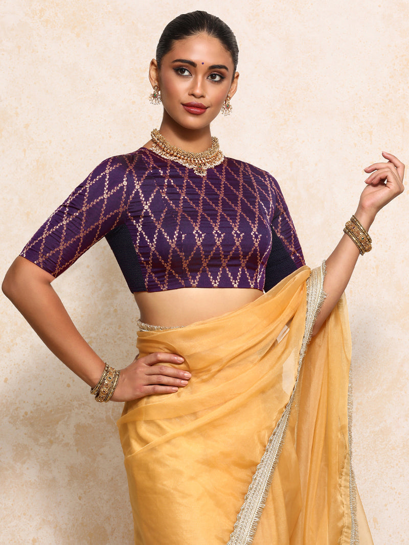 Reena x Tyohaar | Elbow Sleeves Saree Blouse in Orchid Plum Vine Mesh Brocade-Binks