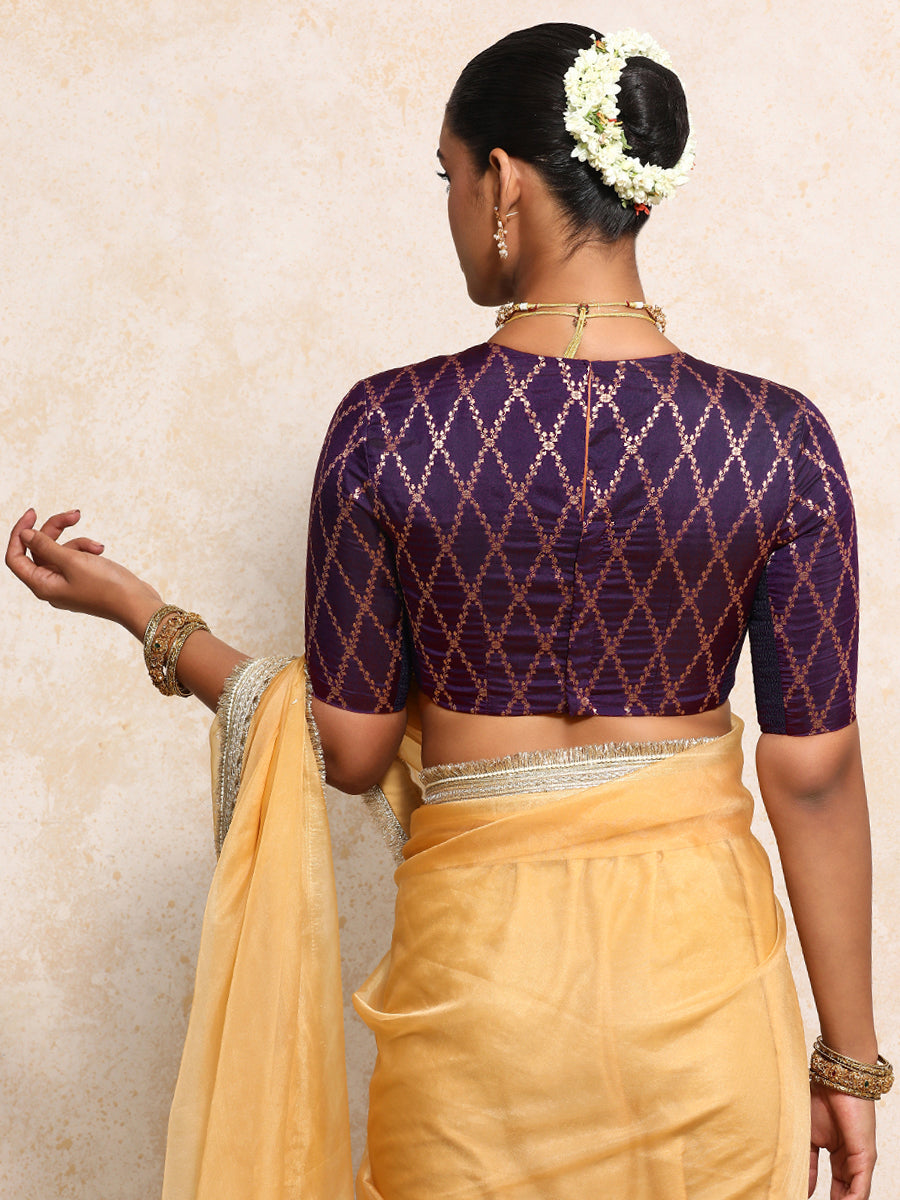 Reena x Tyohaar Saree Blouse, in Purple Viscose Silk Brocade, featuring elbow sleeves and jewel neckline (view 2).