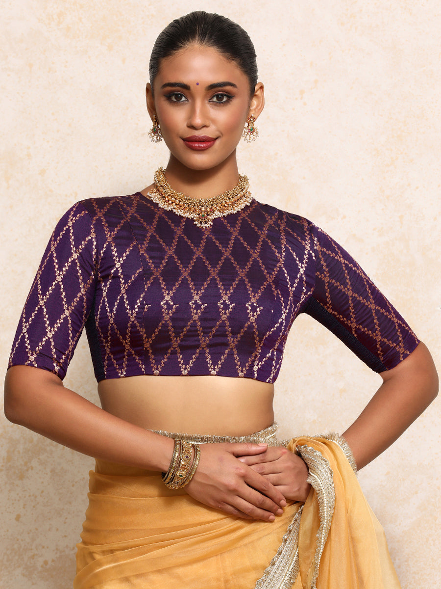 Reena x Tyohaar Saree Blouse, in Purple Viscose Silk Brocade, featuring elbow sleeves and jewel neckline (view 5).