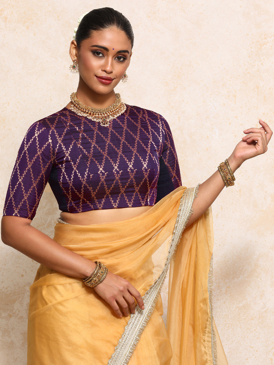 Reena x Tyohaar Saree Blouse, in Purple Viscose Silk Brocade, featuring elbow sleeves and jewel neckline (view 6).
