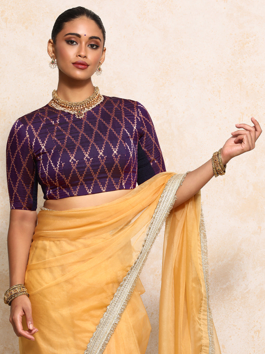 Reena x Tyohaar Saree Blouse, in Purple Viscose Silk Brocade, featuring elbow sleeves and jewel neckline (view 8).