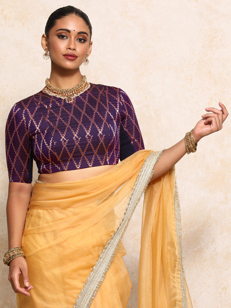 Reena x Tyohaar | Elbow Sleeves Saree Blouse in Orchid Plum Vine Mesh Brocade-Binks