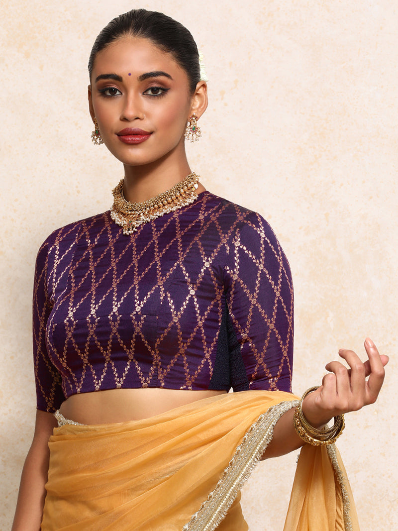 Reena x Tyohaar | Elbow Sleeves Saree Blouse in Orchid Plum Vine Mesh Brocade-Binks
