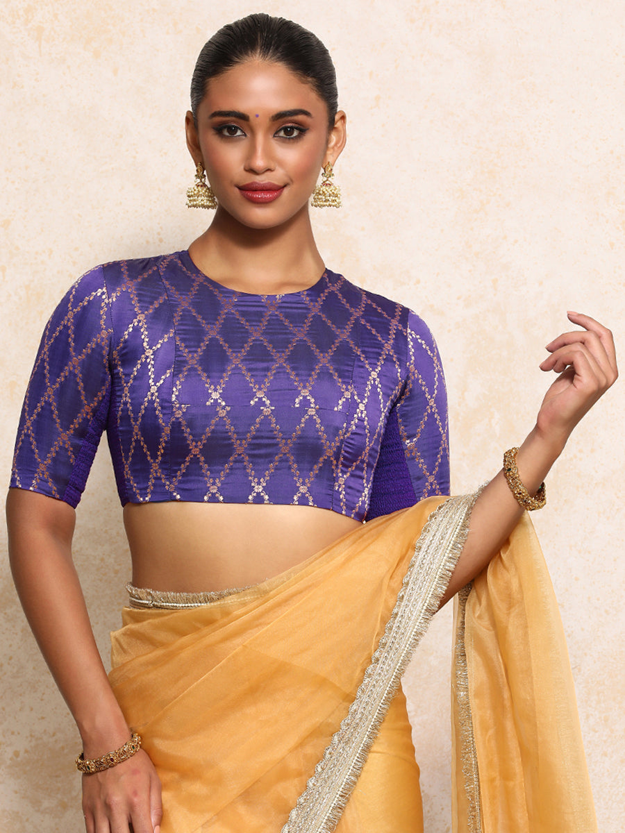 Reena x Tyohaar Saree Blouse, in Purple Viscose Silk Brocade, featuring elbow sleeves and jewel neckline.