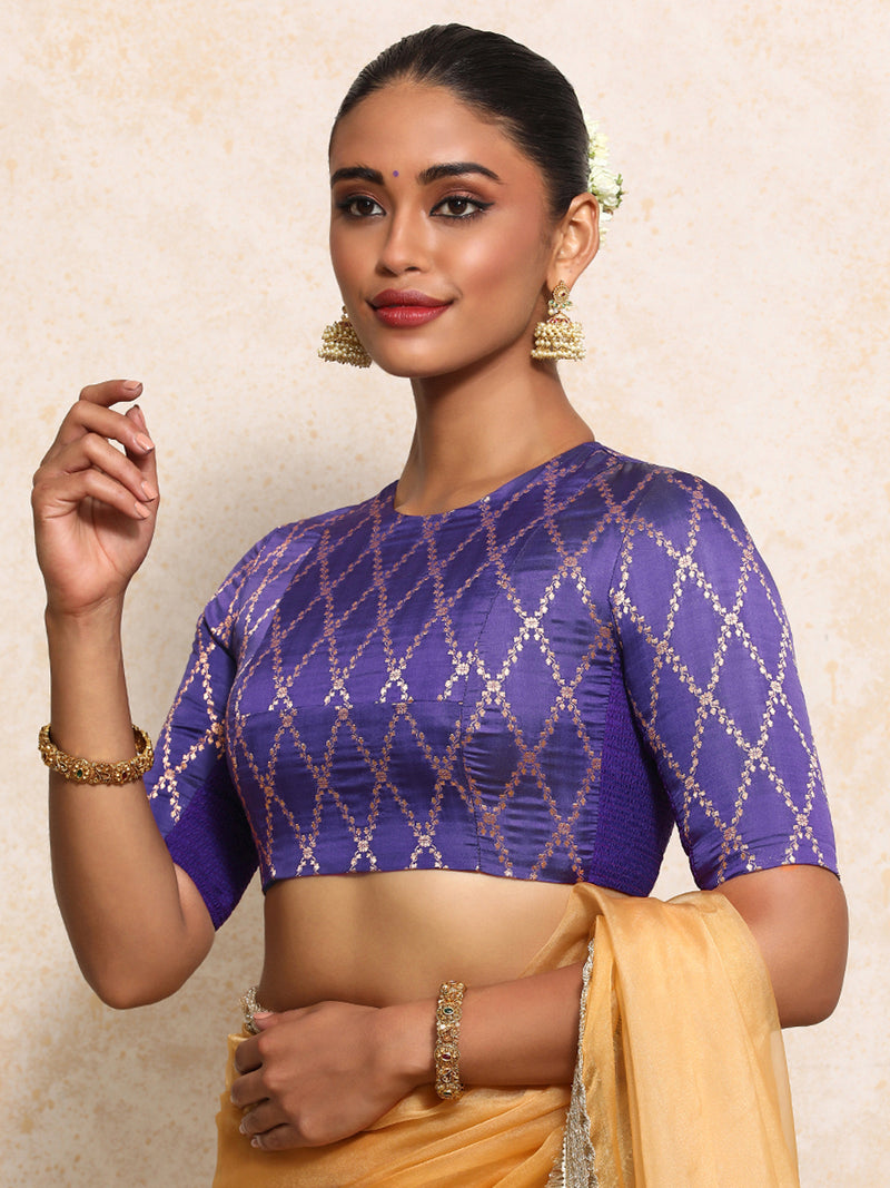 Reena x Tyohaar | Elbow Sleeves Saree Blouse in Regal Purple Vine Mesh Brocade-Binks