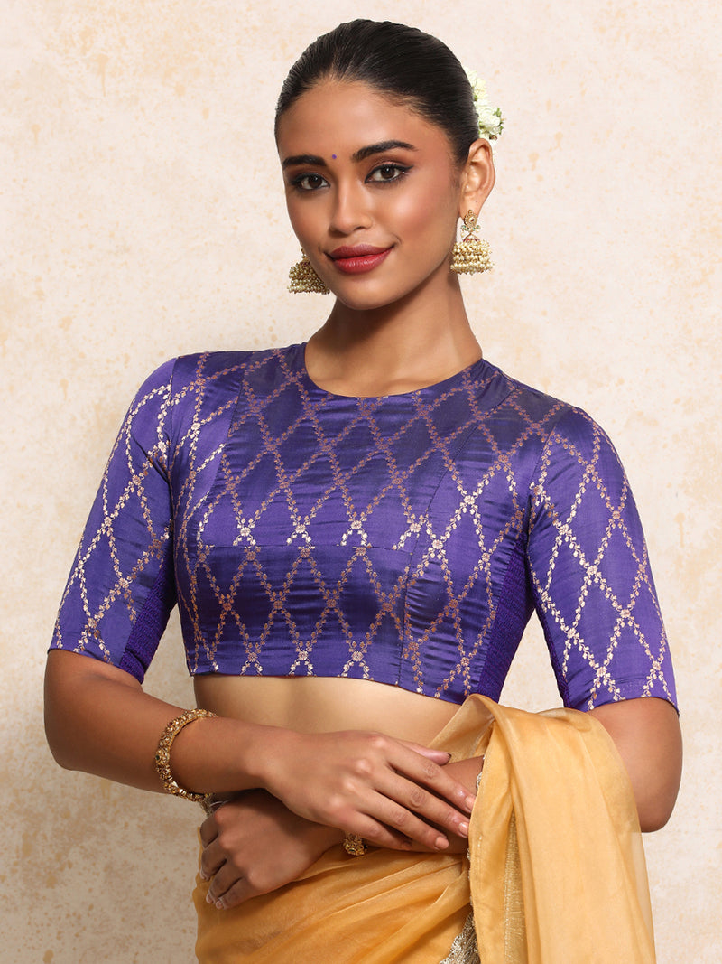 Reena x Tyohaar | Elbow Sleeves Saree Blouse in Regal Purple Vine Mesh Brocade-Binks