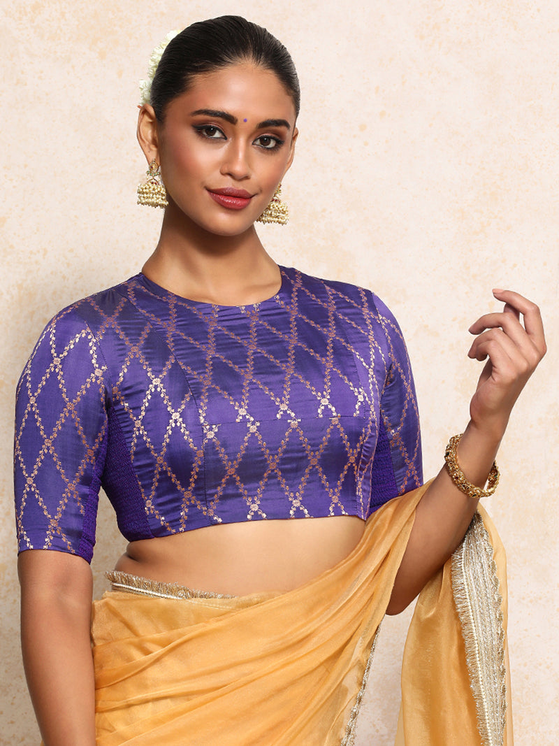 Reena x Tyohaar | Elbow Sleeves Saree Blouse in Regal Purple Vine Mesh Brocade-Binks