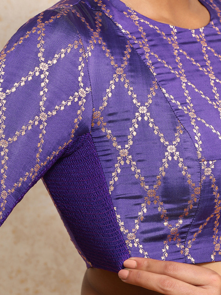 Reena x Tyohaar Saree Blouse, in Purple Viscose Silk Brocade, featuring elbow sleeves and jewel neckline (view 3).