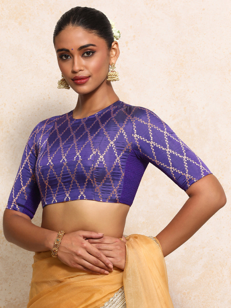 Reena x Tyohaar | Elbow Sleeves Saree Blouse in Regal Purple Vine Mesh Brocade-Binks