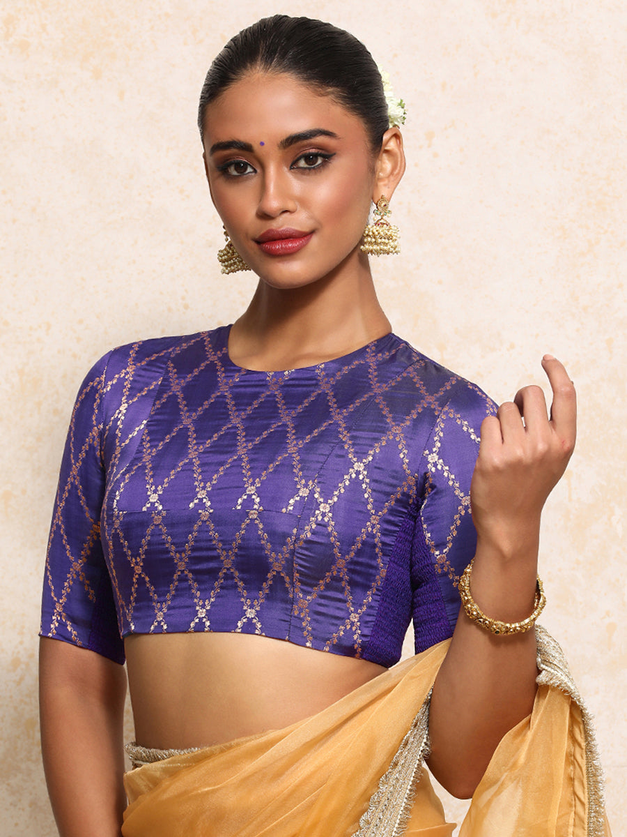 Reena x Tyohaar Saree Blouse, in Purple Viscose Silk Brocade, featuring elbow sleeves and jewel neckline (view 8).