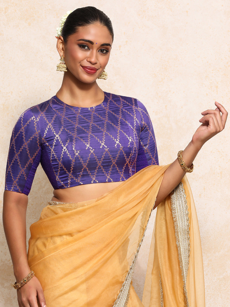 Reena x Tyohaar | Elbow Sleeves Saree Blouse in Regal Purple Vine Mesh Brocade-Binks