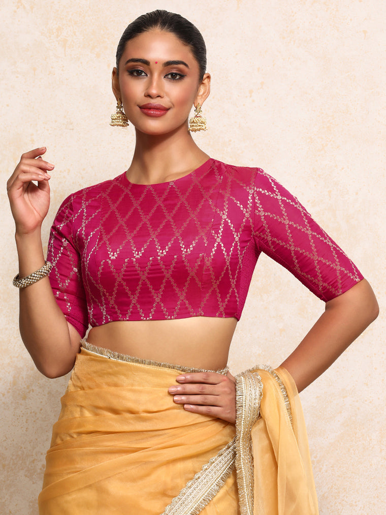 Reena x Tyohaar Saree Blouse, in Pink Viscose Silk Brocade, featuring elbow sleeves and jewel neckline.