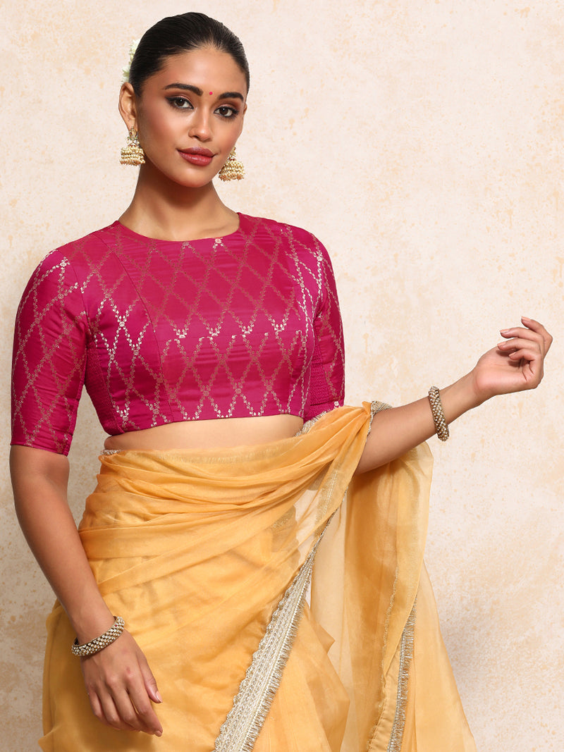 Reena x Tyohaar | Elbow Sleeves Saree Blouse in Rosy Pink Vine Mesh Brocade-Binks