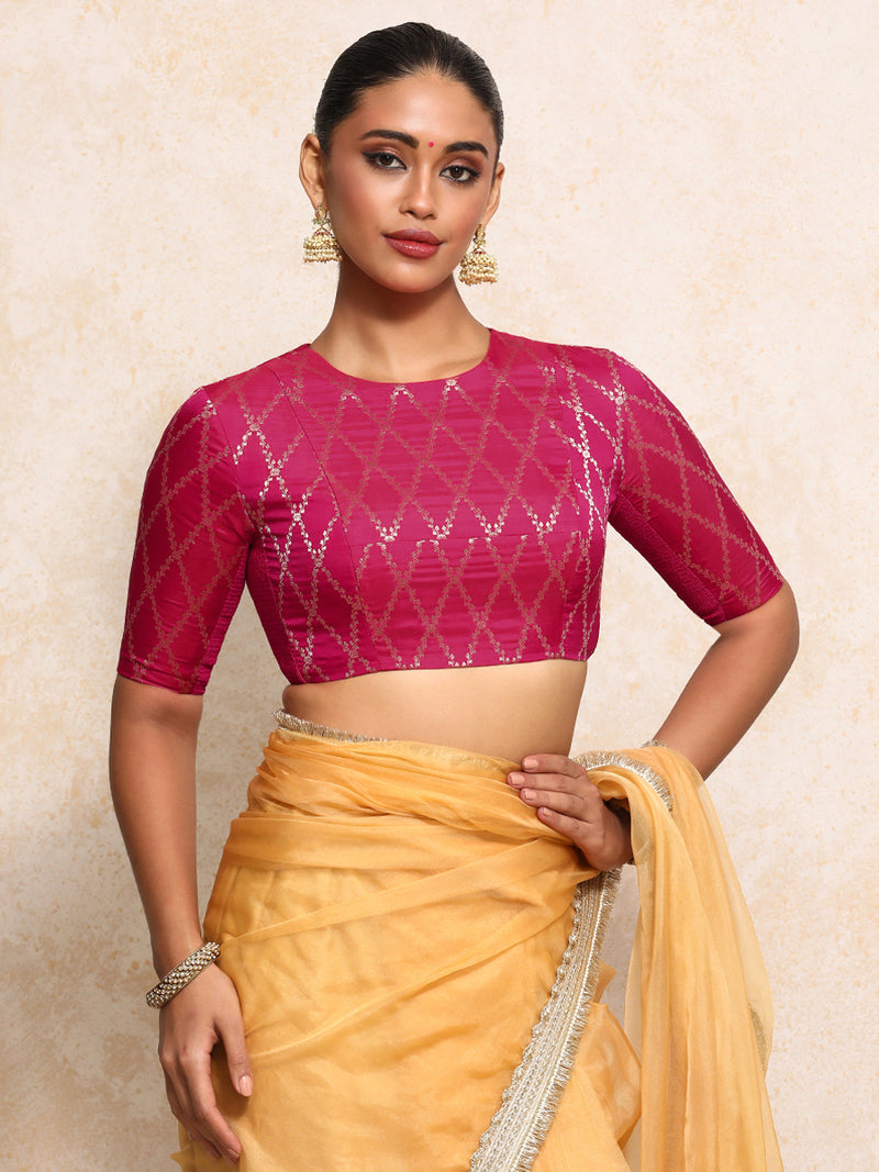 Reena x Tyohaar | Elbow Sleeves Saree Blouse in Rosy Pink Vine Mesh Brocade-Binks