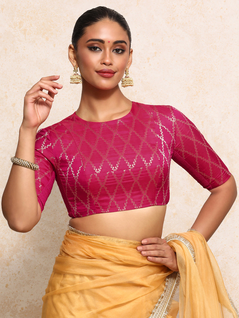 Reena x Tyohaar | Elbow Sleeves Saree Blouse in Rosy Pink Vine Mesh Brocade-Binks