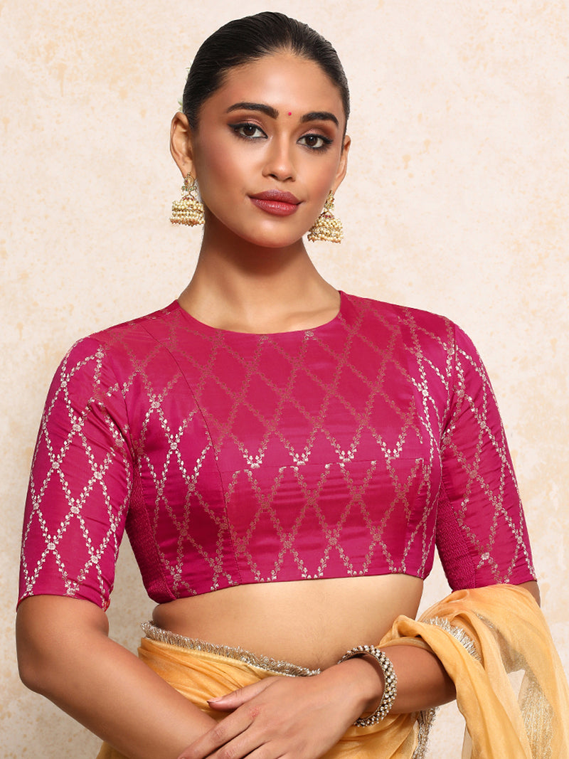 Reena x Tyohaar | Elbow Sleeves Saree Blouse in Rosy Pink Vine Mesh Brocade-Binks