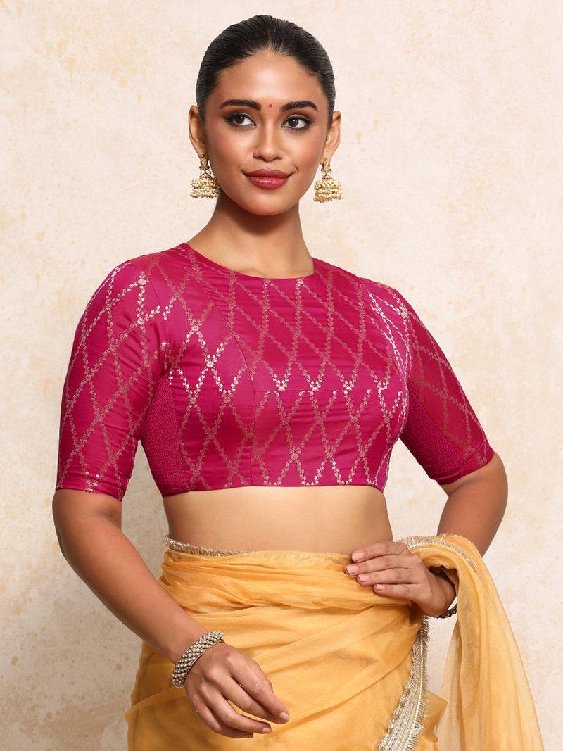 Reena x Tyohaar | Elbow Sleeves Saree Blouse in Rosy Pink Vine Mesh Brocade-Binks
