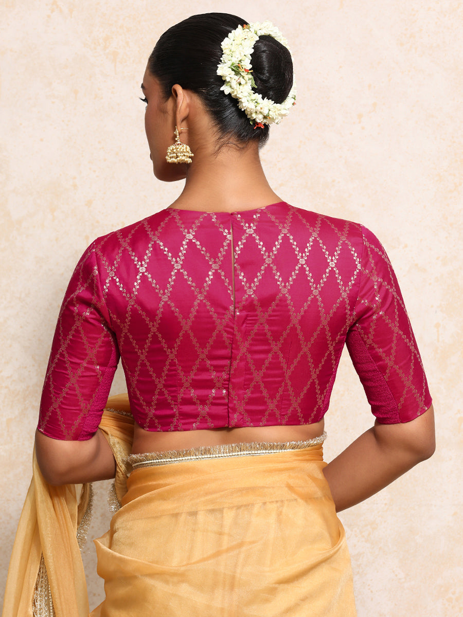 Reena x Tyohaar Saree Blouse, in Pink Viscose Silk Brocade, featuring elbow sleeves and jewel neckline (view 2).