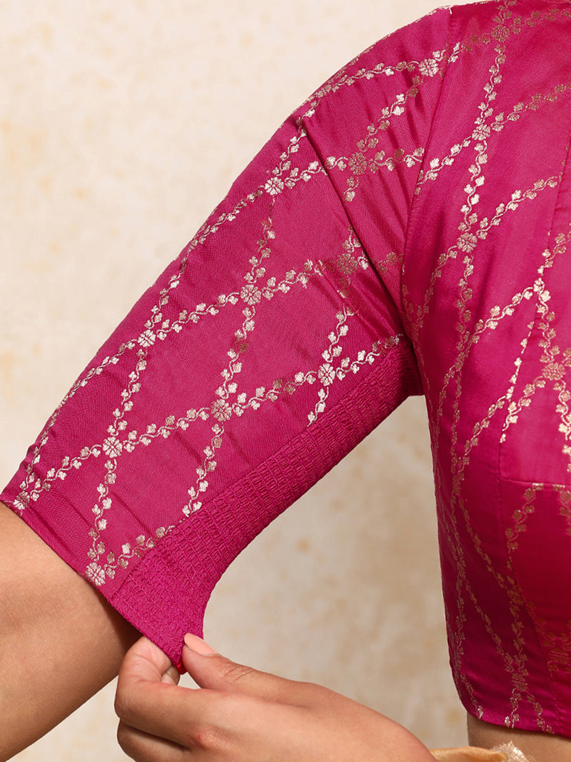 Reena x Tyohaar | Elbow Sleeves Saree Blouse in Rosy Pink Vine Mesh Brocade-Binks