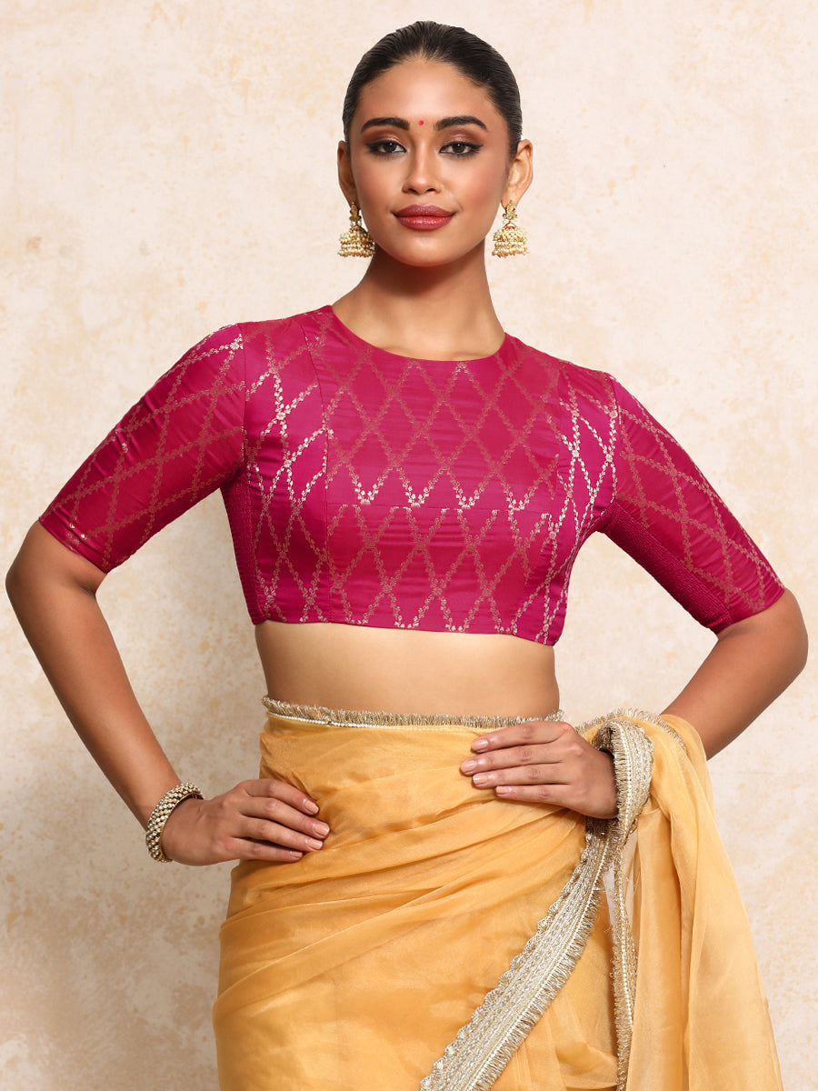 Reena x Tyohaar Saree Blouse, in Pink Viscose Silk Brocade, featuring elbow sleeves and jewel neckline (view 5).