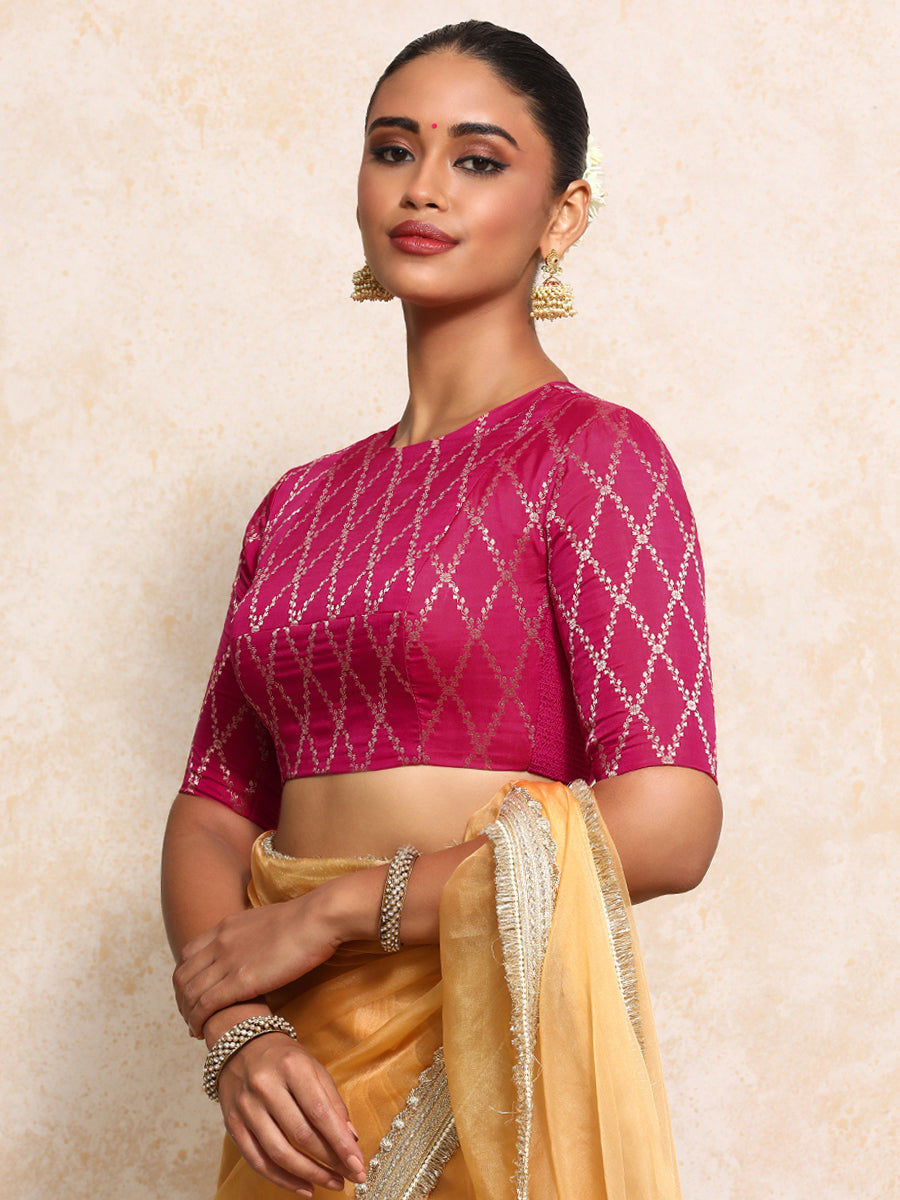 Reena x Tyohaar Saree Blouse, in Pink Viscose Silk Brocade, featuring elbow sleeves and jewel neckline (view 8).