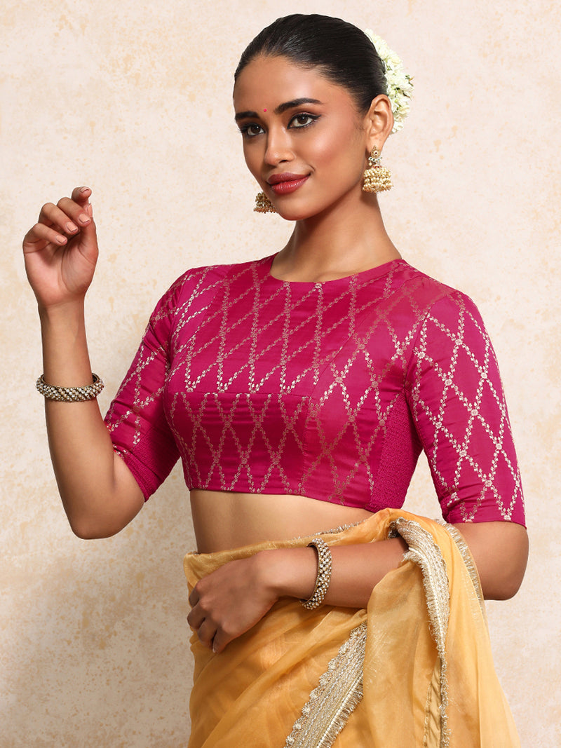 Reena x Tyohaar | Elbow Sleeves Saree Blouse in Rosy Pink Vine Mesh Brocade-Binks
