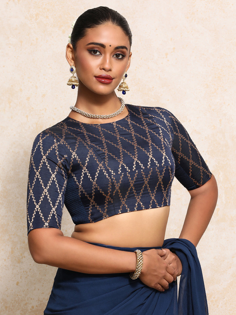 Reena x Tyohaar | Elbow Sleeves Saree Blouse in Royal Navy Vine Mesh Brocade-Binks